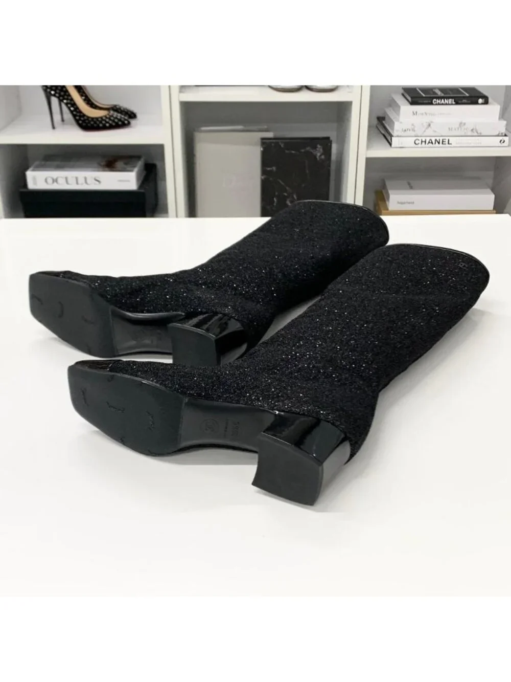 Chanel CC Logo Fabric Patent Glitter Long Boots Black